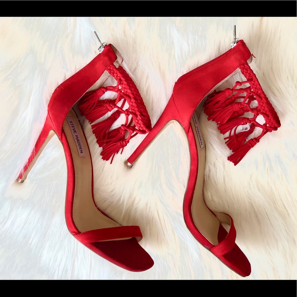 Steve Madden Red Tassel Ankle Stiletto Sandal SZ 8 - Picture 2 of 5